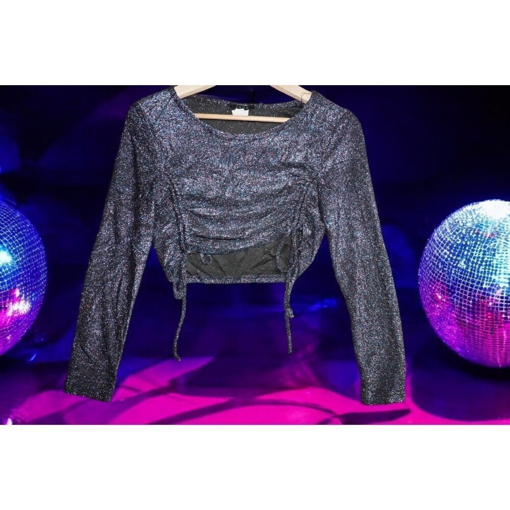 Jade Metallic Glitter Ruched Crop Top – Y2K Party Clubwear – Size L